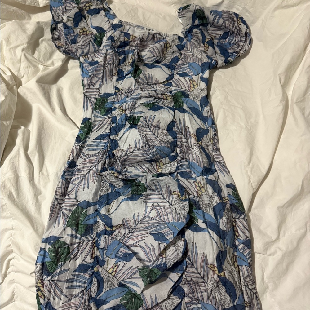 Fate Blue and White Leaf Print Dress